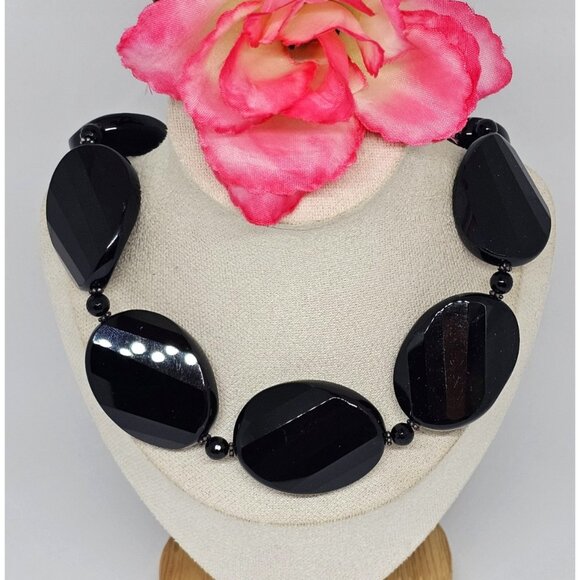 Large Black Glass Beaded Statement Necklace Choker - Picture 1 of 12
